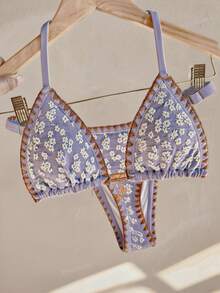 Swim Mod 新款女款優雅奢華波希米亞度假風兩件式比基尼套裝，清新淺藍色紋理手工刺繡三角比基尼，白色雛菊刺繡、棕色對比縫線飾邊與海星金屬吊墜，可調節性感三角比基尼褲底附滑塊細節，彈性泳裝面料，適合夏季海灘度假、泳池派對、音樂節、母親節/婚禮假期、春假 - 紫色 - 查看 1