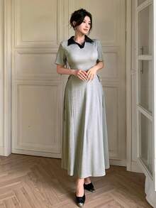 Modelyn Women Grey Ribbed Knit Midi Dress Contrast Polo Collar Side Cutout Lace Up Slim Long Dress Daily Elegant Wear - Grey - View 5