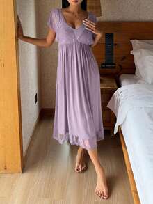 DAZY Robe longue transparente à bretelles spaghetti avec patchwork de dentelle et taille cintrée, tenue d'été, chemise de nuit pour femme - Parme - Voir 5