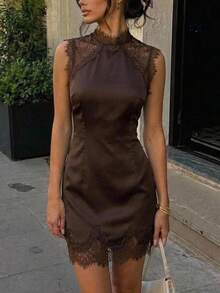 Aloruh Vestido mini ajustado para mujer de estilo boho para vacaciones, color marrón, con cuello alto, manga corta y dobladillo con patchwork de encaje - Café integral - Ver 1