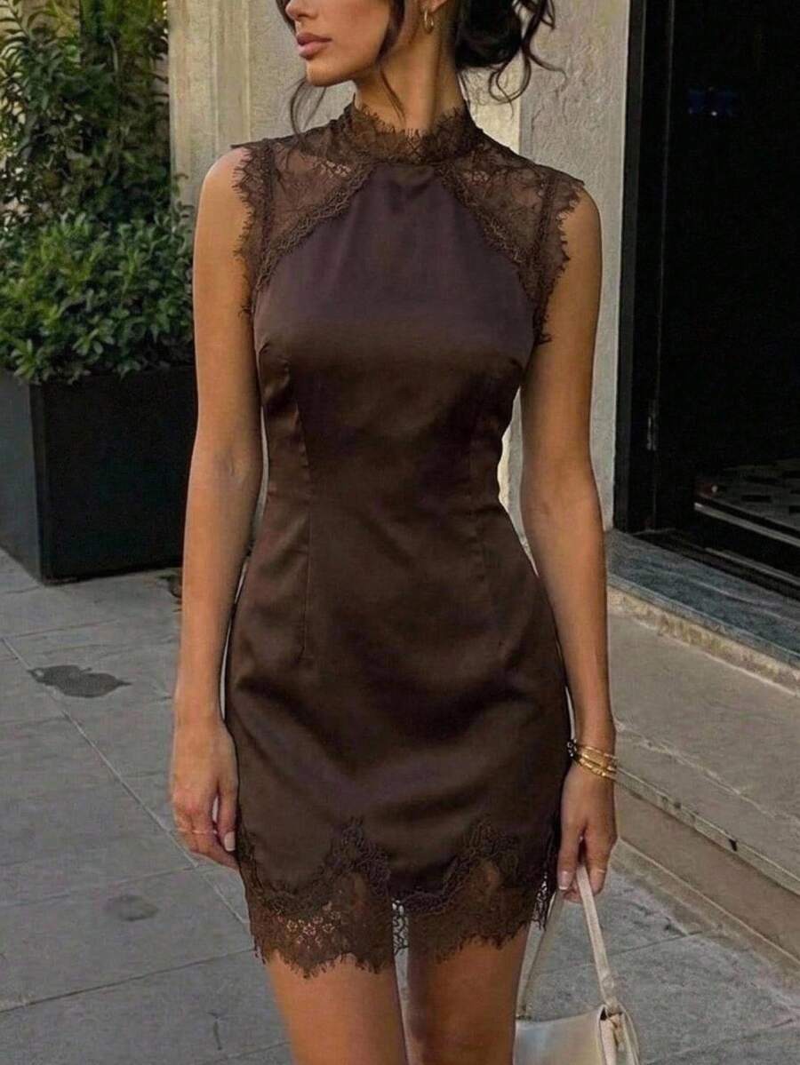 Aloruh Vestido mini ajustado para mujer de estilo boho para vacaciones, color marrón, con cuello alto, manga corta y dobladillo con patchwork de encaje - Café integral - Ver 1