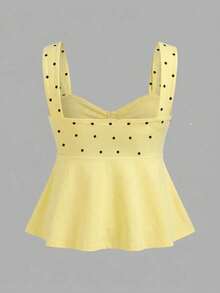 SHEIN EZwear 波希米亞復古奶油黃圓點；白色抽繩細肩帶背心；通勤、度假、海灘、夏季 - 彩色 - 查看 2