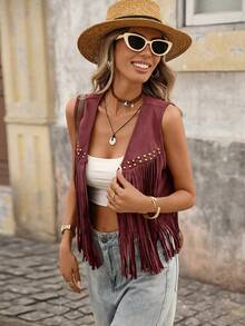 Brillora Fringe Trim Open Front Vest Summer Jacket In Fall/Winter - Burgundy - View 7