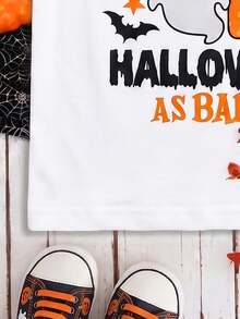 SHEIN Playful Pals 中性嬰兒 My 1st Halloween 可愛卡通幽靈圖案圓領對比色短袖T恤 休閒幼兒秋季節日上衣 0-3Y - 白色 - 查看 3