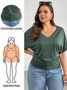 Shapeblank Große Größen Sommer Lässig Einfarbiges T-Shirt mit Fledermausärmeln - Dunkelgrün - Übersicht 2