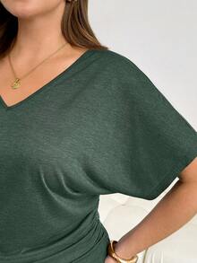 Shapeblank Große Größen Sommer Lässig Einfarbiges T-Shirt mit Fledermausärmeln - Dunkelgrün - Übersicht 7