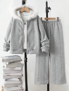 SHEIN 少女提花针织连帽开衫和宽松长裤两件套 - 淺灰色 - 查看 1