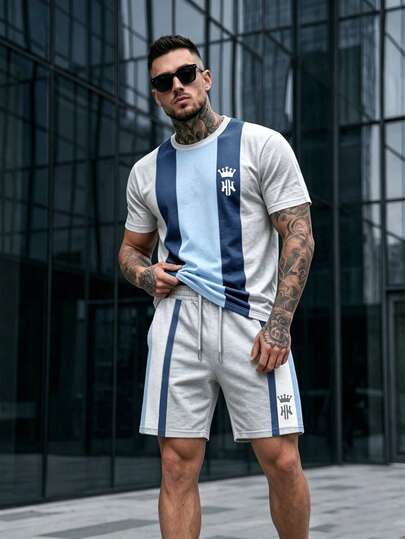 Lornexis Men's Letter Stripe Short Sleeve T-Shirt And Drawstring Waist Shorts Casual Set