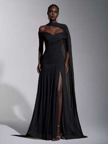 Elitara Elegant Minimalist Chic Off-Shoulder Ruched Asymmetric A-Line High Slit Dress, Suitable For Weddings, Formal Events, Galas, And Cocktail Parties - Black - View 8