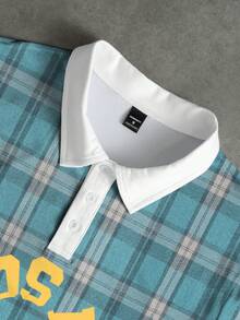 NEOREFINED 男士經典條紋藍白格紋對比領 Los Angeles 文字 Polo 衫，夏季首選 - 彩色 - 查看 5