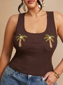 SHEIN BAE 大尺碼女款椰子樹圖案刺繡亮片背心 - 棕色 - 查看 5