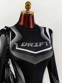 Amplova Damen Motorrad Schulanfang Saison figurbetonter Langarm Mini Bodysuit - Schwarz und Weiss - Übersicht 7