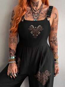 Whyspr Jumpsuit Gaya Gothic Gelap Ukuran Besar, Overall Kasual Musim Semi/Musim Panas - Hitam - View 5