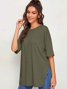 SHEIN Essnce 女款素色休閒百搭日常穿著夏季T恤 - 橄欖綠 - 查看 1