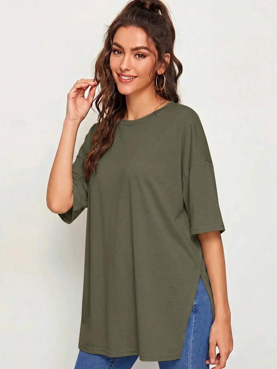 SHEIN Essnce 女款素色休閒百搭日常穿著夏季T恤 - 橄欖綠 - 查看 1