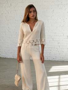 SHEIN Holidaya Women's Hollow Crochet Long Sleeve Top And Pants Casual Tropical European Elegant Bohemian Daily Vacation Set Beach Brunch Cream White Autumn - White - View 5