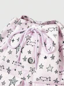 ROMWE Anime Cute College Style Star Printing Multi-Pocket Large-Capacity Backpack, With Strawberry Fish Cake Doll Pendant, Suitable For Commuting, School, Etc - Pink and black stars - View 5