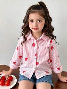 SHEIN Playful Pals YOUNG GIRLS 返校季粉色條紋草莓印花長袖翻領襯衫 英倫風鈕扣上衣 童裝秋季單件 - 粉色 - 查看 2