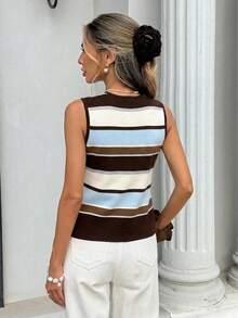 Serisse Women's Casual Vintage American Preppy Style Sleeveless Knit Vest With Brown Striped. Autumn Outfit For Women, Going Out School Brunch Tops - Multicolor - View 3