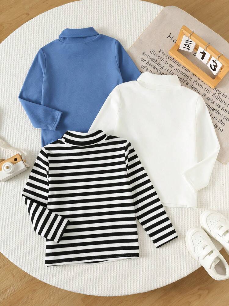 SHEIN 3pcs/Set Atasan Rajut Minimalis Kasual Baru untuk Anak Laki-Laki, Motif Garis Hitam Putih Elastis, Leher Sedang-Tinggi, Lengan Panjang Tebal, Cocok untuk Jalan-jalan Musim Gugur/Musim Dingin dan untuk Dipadukan dengan Pakaian Lain - MultiWarna - View 2