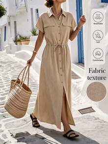 Isle Nomé Women's Spring/Summer Casual Short Sleeve Waist-Cinching Solid Color Long Dress Suitable For Daily Commute And Outings - Khaki - View 1