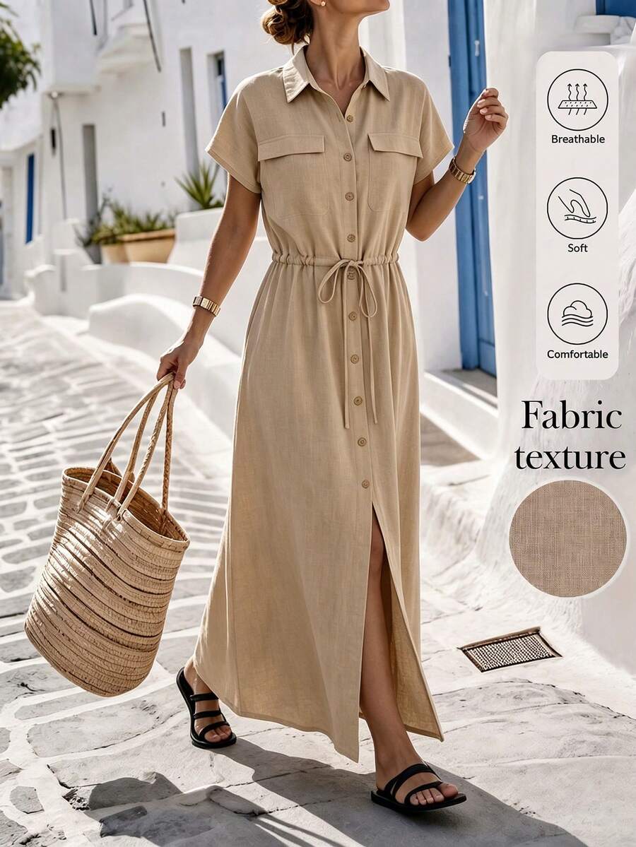 Isle Nomé Women's Spring/Summer Casual Short Sleeve Waist-Cinching Solid Color Long Dress Suitable For Daily Commute And Outings - Khaki - View 1