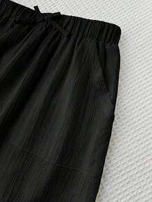 SHEIN Teen Girls Casual Vacation Black Woven Textured Bow Decor Loose Wide Leg Long Pants - Black - View 4