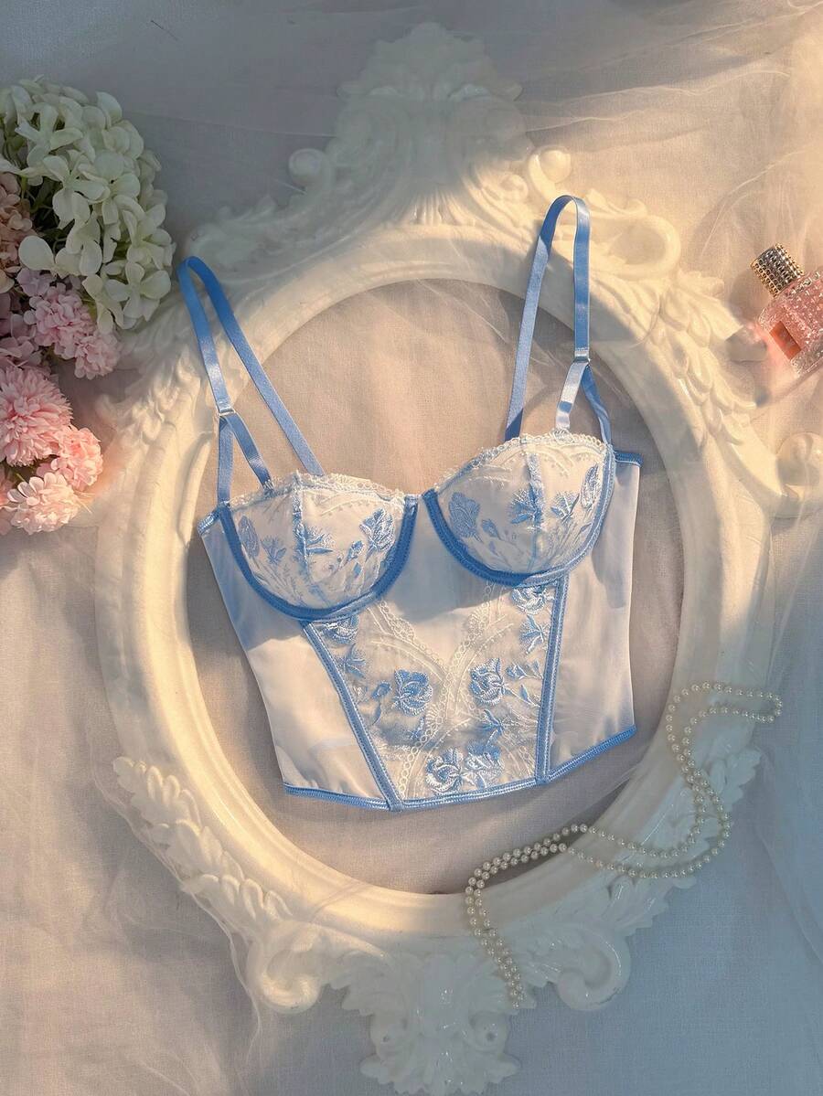 Crystal Vow 1pc Women's Light Blue Romantic Wedding Longline Shaping Bra, Embroidered Thin Cup, Underwire, Push-Up, Adjustable Straps - Baby Blue - View 1