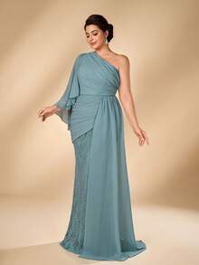 Serin Plus Size Elegant Glamorous Blue Lace Patchwork Chiffon One Shoulder Ruched Asymmetrical Ruffle Sleeve Fitted Mermaid Hem Formal Evening Gown For - Blue - View 7