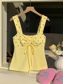 SHEIN EZwear 波希米亞復古奶油黃圓點；白色抽繩細肩帶背心；通勤、度假、海灘、夏季 - 彩色 - 查看 5