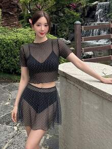 DAZY Women's Summer Beach Solid Color Spaghetti Strap Bikini And Triangle Bottom Two-Piece Swimwear Set With Cover-Up Short Sleeve Top And Shorts - Black - View 3
