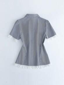 SHEIN Franclia 女款春夏黑白格紋對比蕾絲修身短袖襯衫上衣，適合休閒、鄉村風、野餐、校園、慕尼黑啤酒節 - 黑與白 - 查看 2