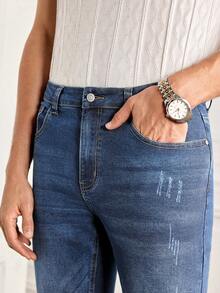 Casual Fashion Versatile Daily Slim Fit Simple Button Men Jeans - Blue - View 6