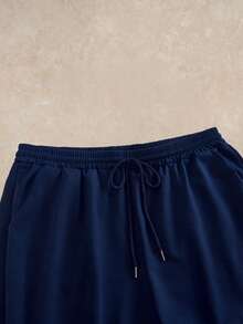 Hombres Shorts unicolor de cintura con cordón con bolsillo oblicuo - Azul Marino - Ver 3