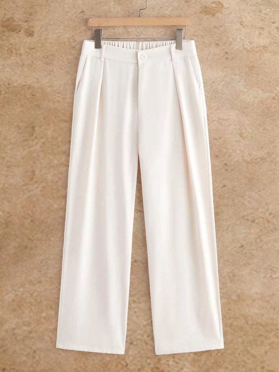 HIMLAND Men's Casual Versatile Commute Solid Color Straight Leg Pants - Beige - View 1