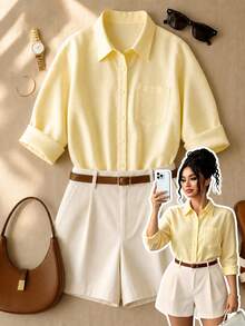GlowEve CURVE Plus Size Women's Casual Vacation Style Light Yellow Button-Up Shirt And Light Peach Loose Shorts 2-Piece Set Fall - Multicolor - View 9