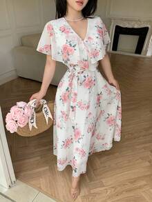 Celisse Spring/Summer New Women's Long Dress, Rose Floral Print V-Neck Shawl Collar Ruffle Sleeve Tie Cinched Waist Cinched Full Skirt Mid-Length Chiffon Dress, Summer Women's Dress - Multicolor - View 3