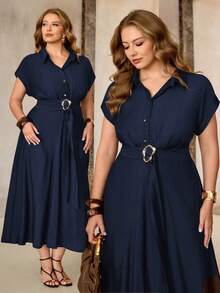 Roveilla Plus Size Women's Solid Color Shirt Collar Half-Button Front Cinched Waist Belt Elastic A-Line Dress Navy Blue Mid-Length Elegant Office Teachers' Day - Navy Blue - View 1