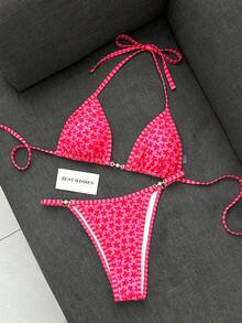 Swim Mod 新款女款泳衣套裝 夏季海灘百搭兩件式甜美系列粉色比基尼套裝，熱銷粉色花朵印花，淺粉與深粉條紋對比飾邊設計，可調節比基尼三角上衣與三角褲套裝，珍珠配件裝飾，甜美風格，適合夏季海灘度假穿著 - 粉色 - 查看 3