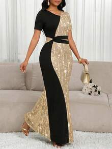SHEIN Lady Plus Size Rhinestone Decor Sequin Mermaid Dress For Women,Elegant Black Winter Formal Evening Formal Long Dress For Wedding Guest Party Graduation - Multicolor - View 6