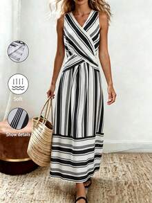SHEIN Holidaya Women's Casual Coastal Vacation Striped Dress, Summer Versatile, Hem Slit, Textured Fabric Print, Daily, Christmas New Year Outfit, Beach Outfit - Multicolor - View 7