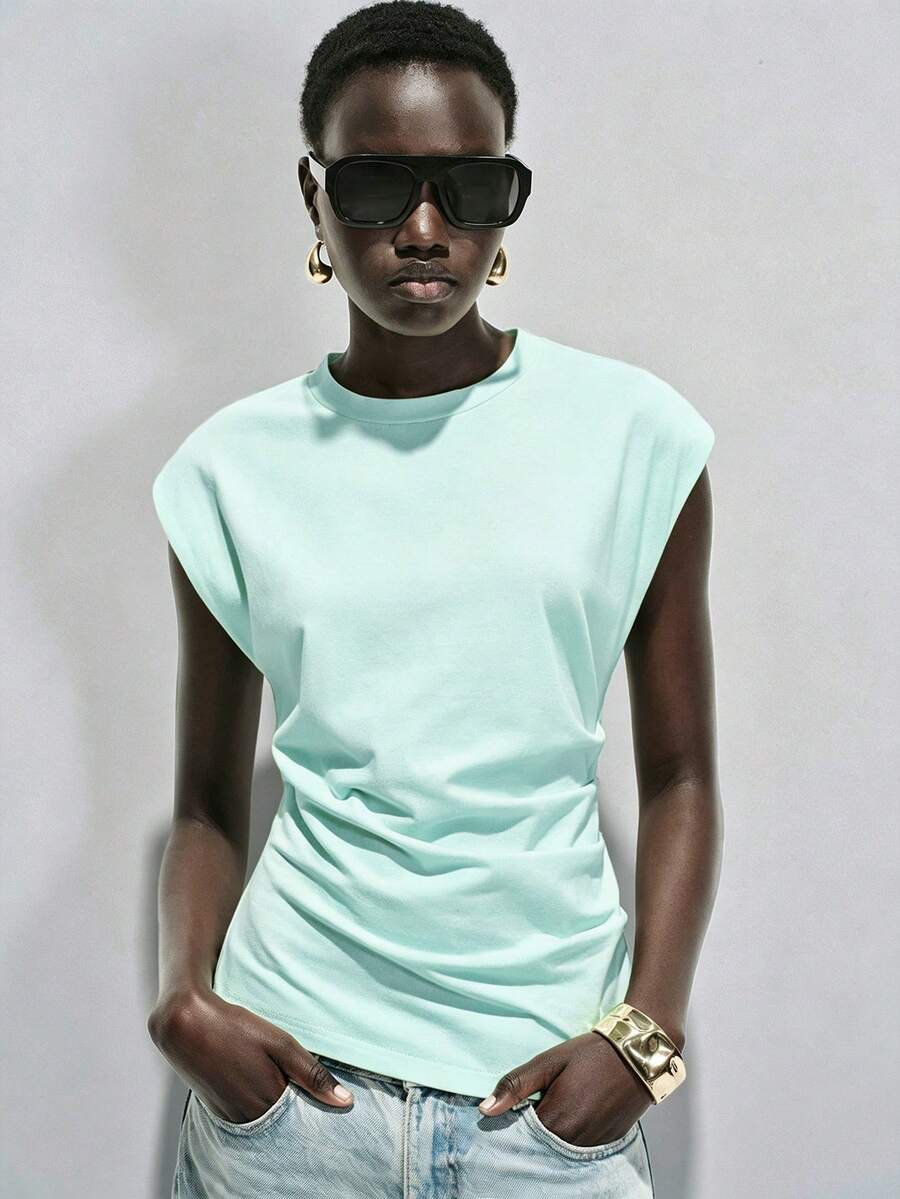 Lumivelle Women's Spring/Summer New Pure Cotton T-Shirt, Round Neck, Cinched Waist, Pleated, Casual Minimalist Commute Design Mint Green Everyday - Mint Blue - View 1