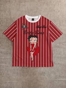 Betty Boop x SHEIN SHEIN EZwear 休閒圓領短袖寬鬆女款T恤 紅白條紋印花街頭風 日常外出夏季穿搭 - 彩色 - 查看 9