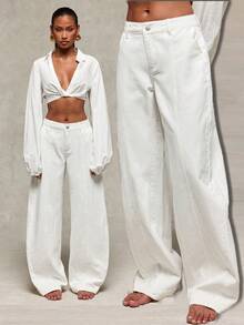 Normani Women's White Jeans With Pockets, Low-Rise Curved-Leg Style, Comfortable 100% Cotton, Straight-Leg Summer Trousers-A Classic, Casual Denim Look. - Beige - View 3
