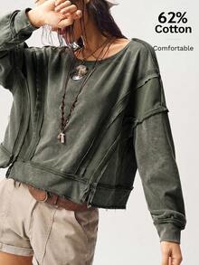 Bohemela BOHO休閒純色針織連帽長袖寬鬆短版女款衛衣 秋冬款 - 軍綠色 - 查看 1