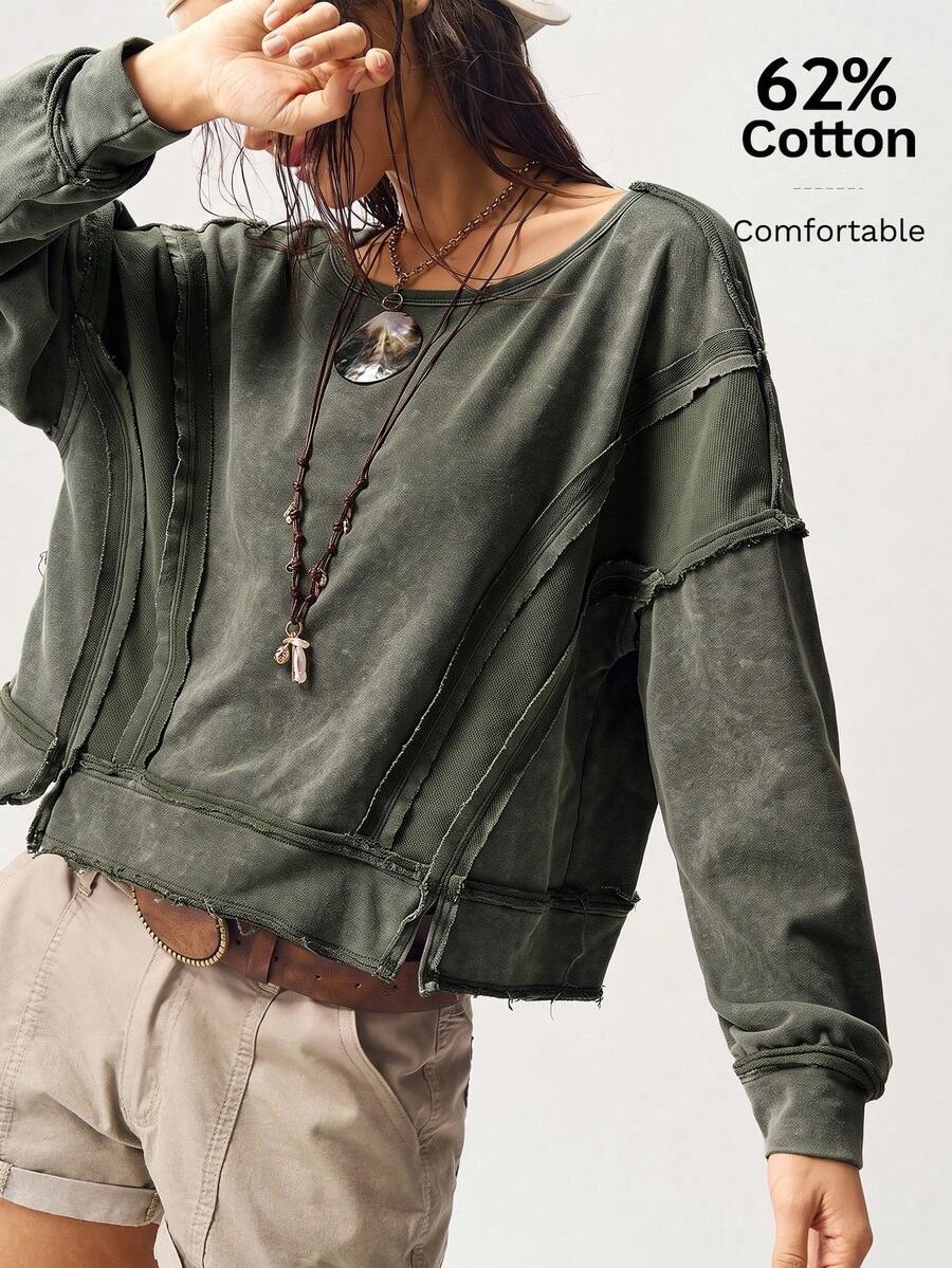 Bohemela BOHO休閒純色針織連帽長袖寬鬆短版女款衛衣 秋冬款 - 軍綠色 - 查看 1