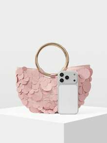 MOTF Bolso de mano de mujer con lentejuelas rosas, asa redonda, bolso semi-redondo exquisito, brillante y sencillo, adecuado para citas y fiestas, vacaciones de verano, viajes, , playa, bohemio, a juego - Rosa Pálido - Ver 5