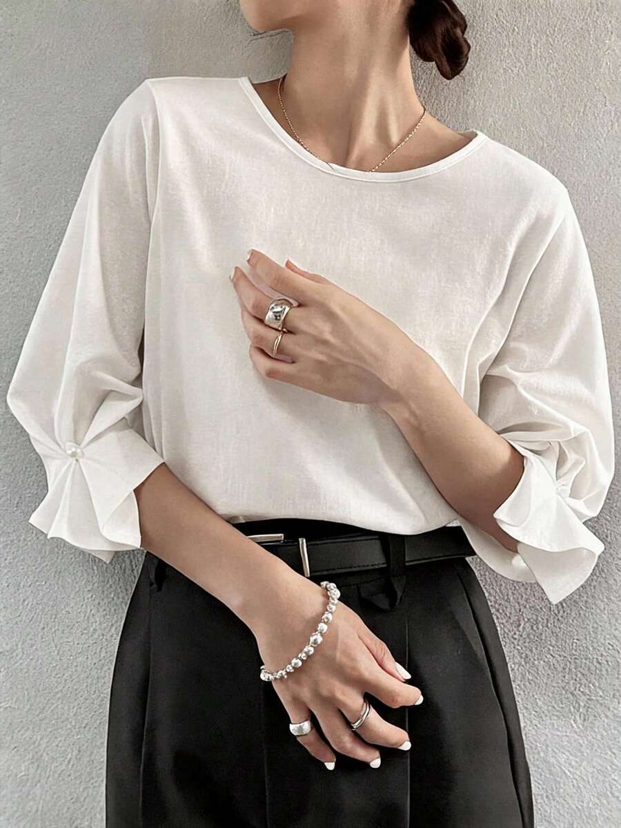 FRIFUL Women's Pure Cotton Round Neck Short Sleeve Cuff Button Solid Color T-Shirt - White - View 1