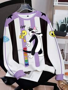 LOONEY TUNES X SHEIN Sudadera de manga larga con cuello redondo, estampado de bloques de color a rayas y patrón de dibujos animados para mujer - Blanco - Ver 7
