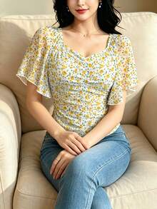 Modelyn 女款黃色碎花植物印花田園風上衣，夏季時尚方領百褶飄逸袖設計上衣，適合日常與外出穿著 - 彩色 - 查看 4